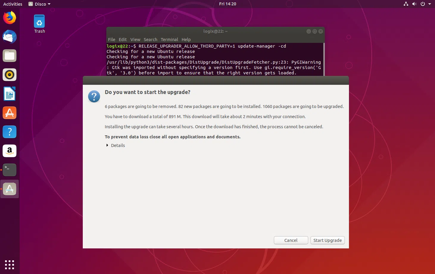 Atualização do Ubuntu 18.10 Cosmic para 19.04 Disco Dingo