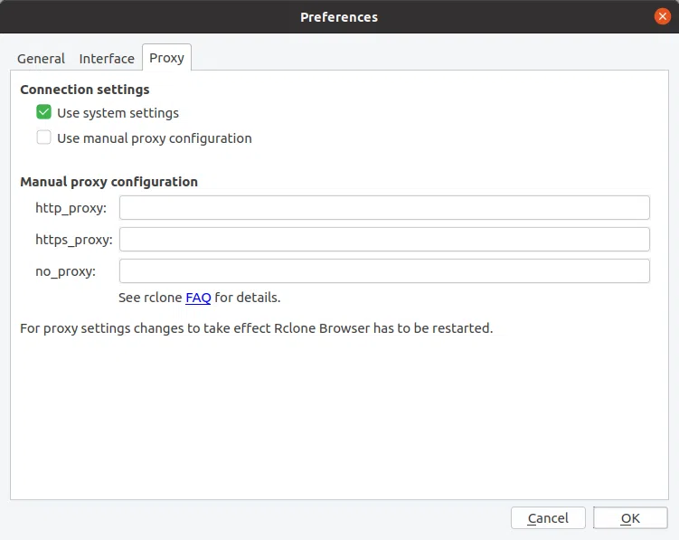 Configurações de proxy do navegador Rclone