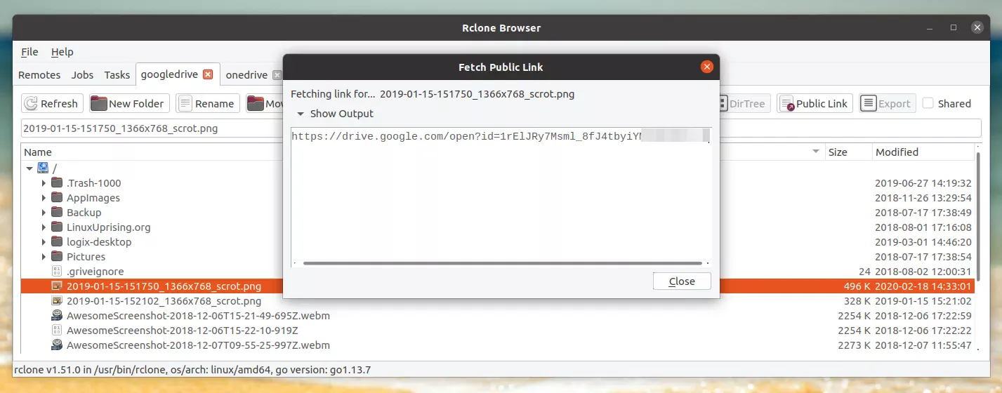 Link público do navegador Rclone