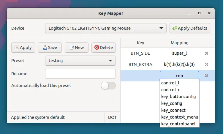 Lista suspensa de mapeamento do Key Mapper