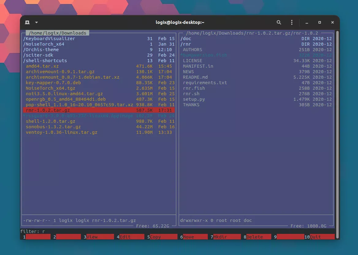 Gerenciador de arquivos RNR no Linux