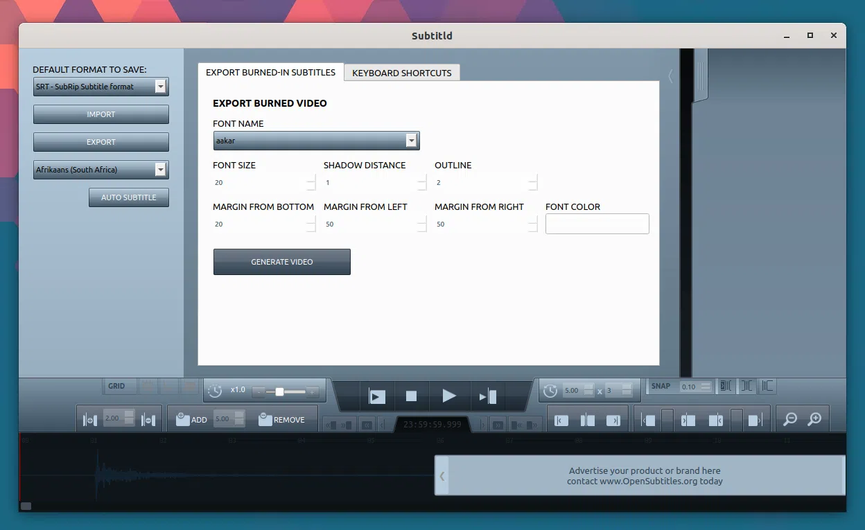 configurações de legenda
