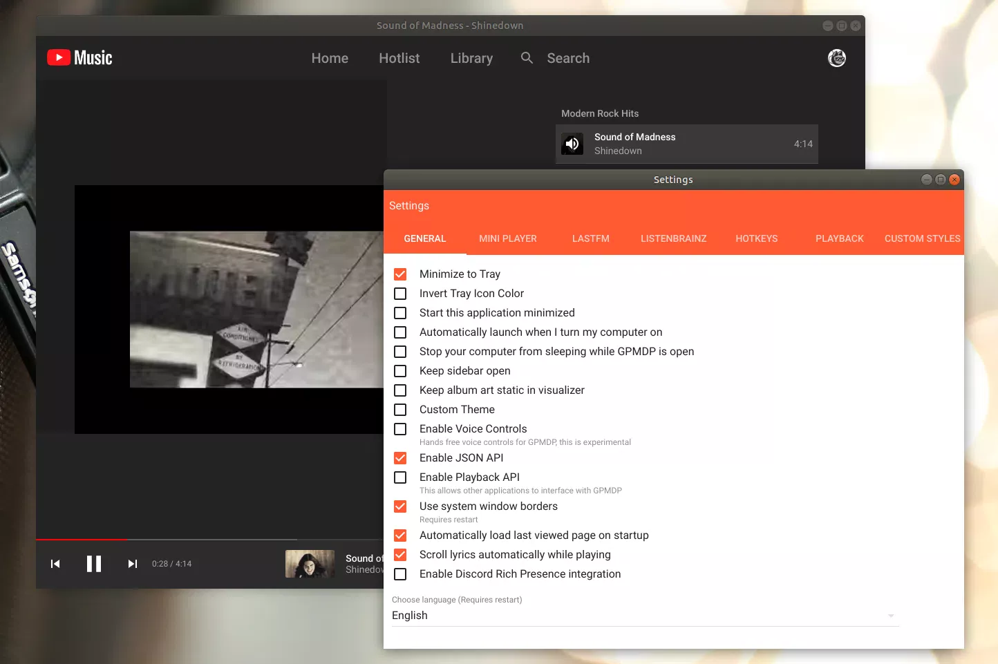 Configurações do player do Google Play Music Desktop