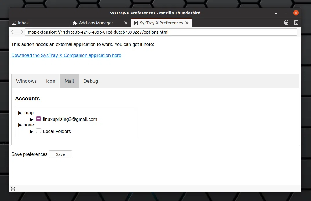 Opções de correio do Systray-x thunderbird
