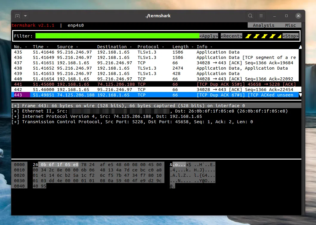 Interface do terminal interativo do Termshark Wireshark