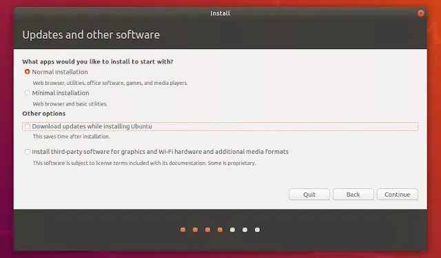 Instalação do Ubuntu 18.04 mostrando opção de instalação normal e mínima