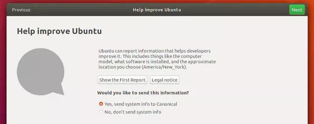 Tela de boas vindas do Ubuntu 18.04 mostrando opções de privacidade