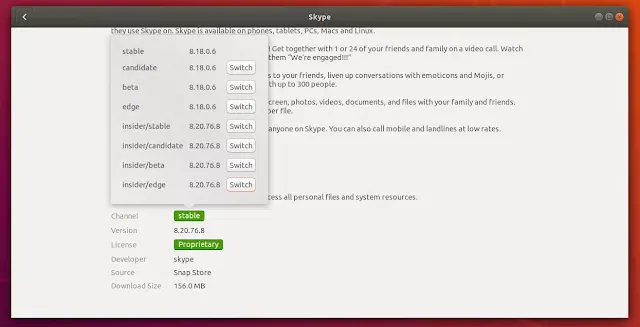 Ubuntu Software com opção de escolher o canal