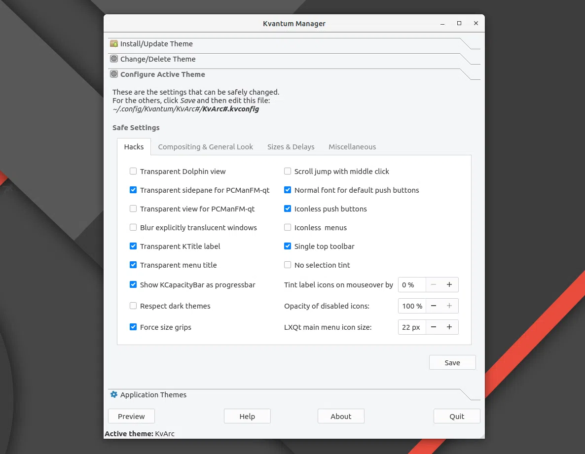 kvantum active theme configuration settings