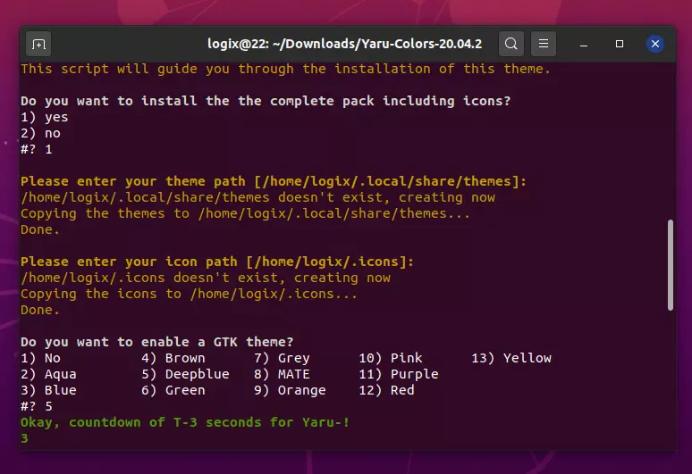 Script de cores de Yaru